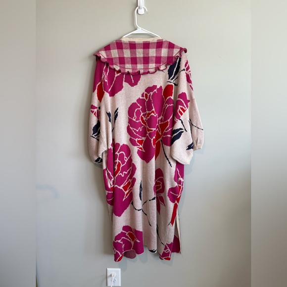 Anthropologie Bel Kazan Floral Gingham Removable Collared Duster Cardigan - Picture 3 of 15